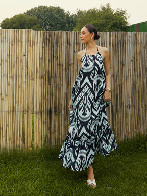 Women Black & White Ikat Halter Neck Loose Tiered Maxi