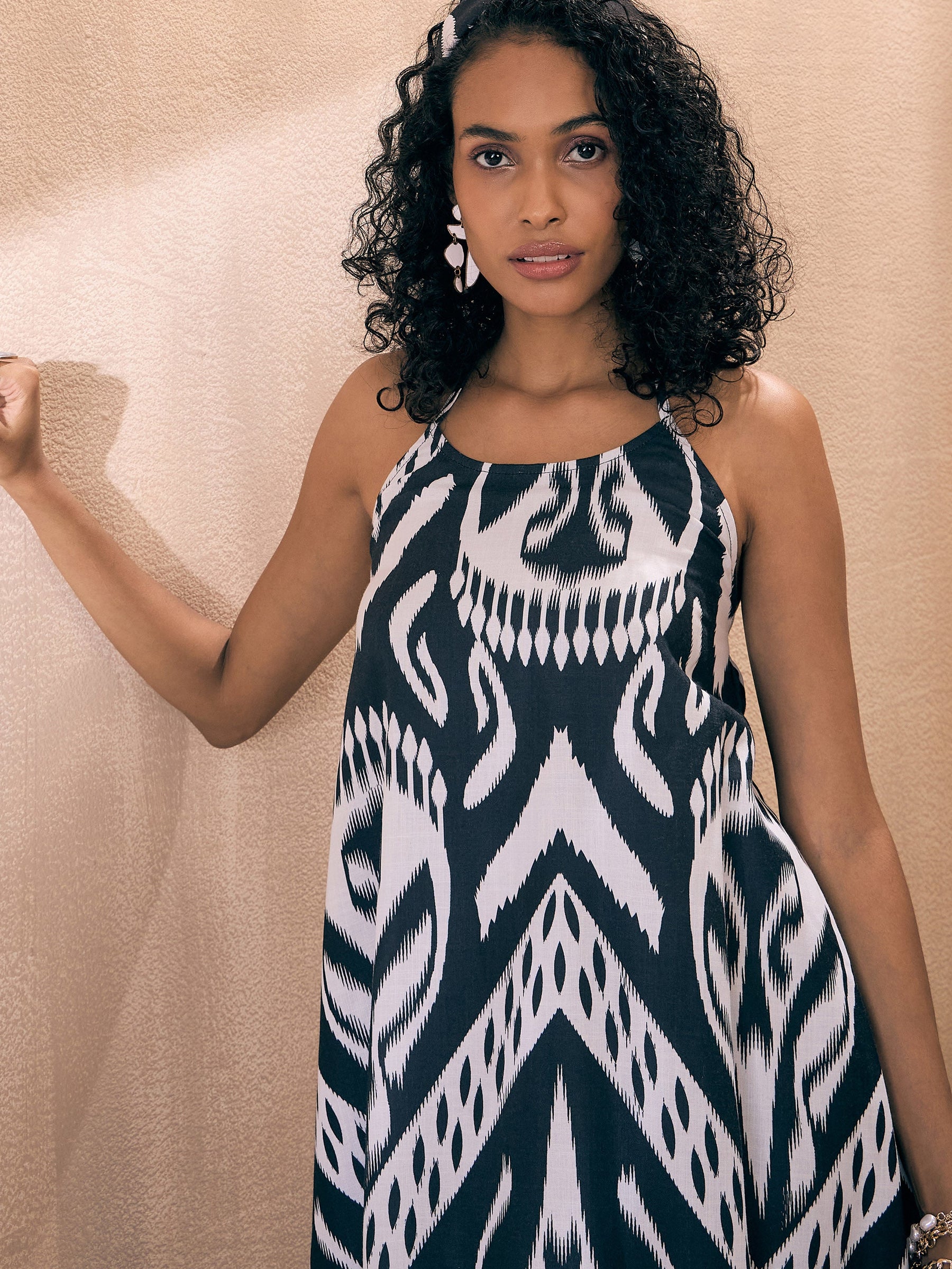 Black & White Ikat Halter Neck Loose Tiered Maxi-Pink Paprika By SASSAFRAS