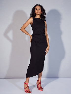 Black Rib Boat Neck Midi Dress-SASSAFRAS