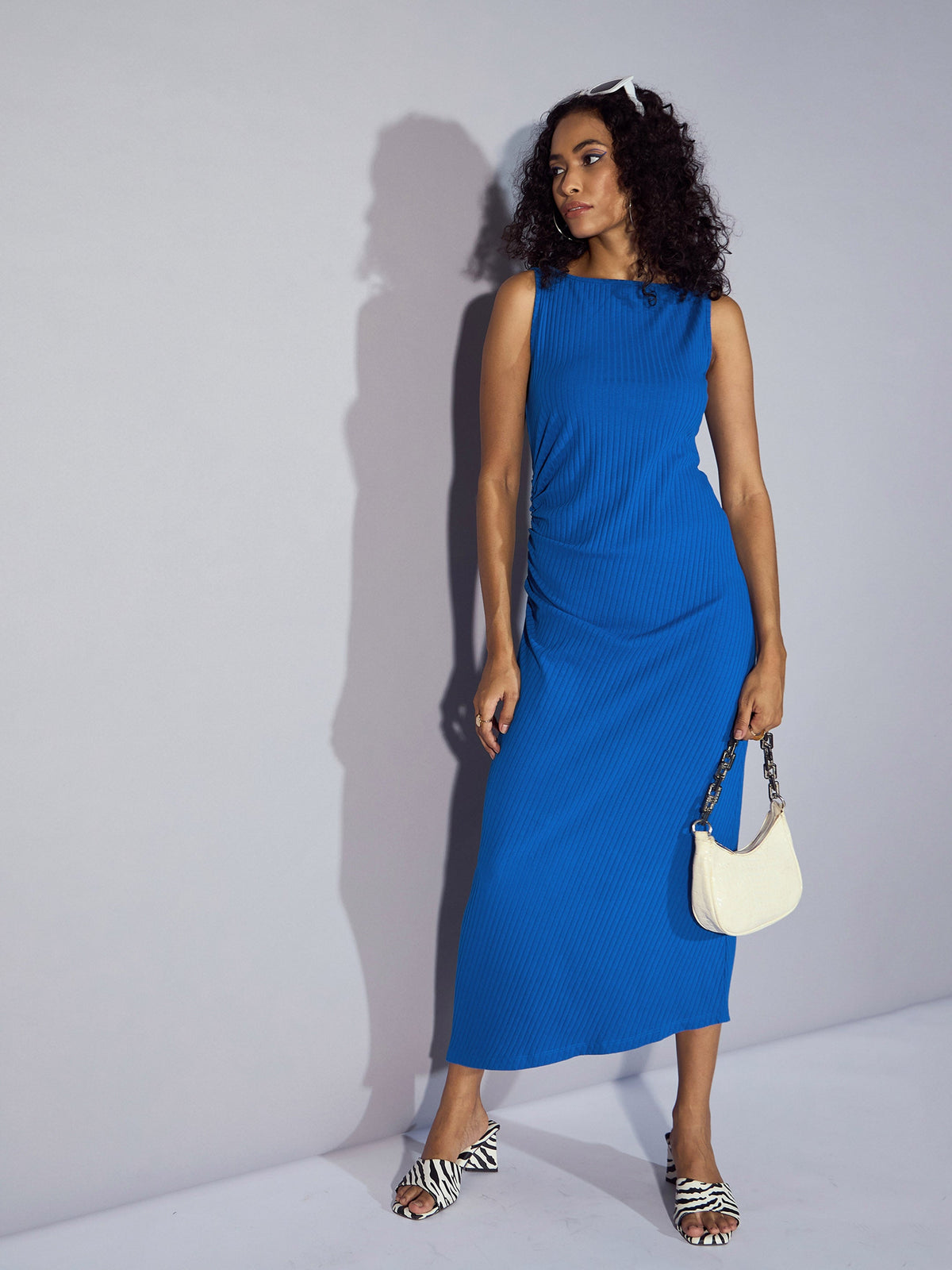 Royal Blue Rib Boat Neck Midi Dress-SASSAFRAS