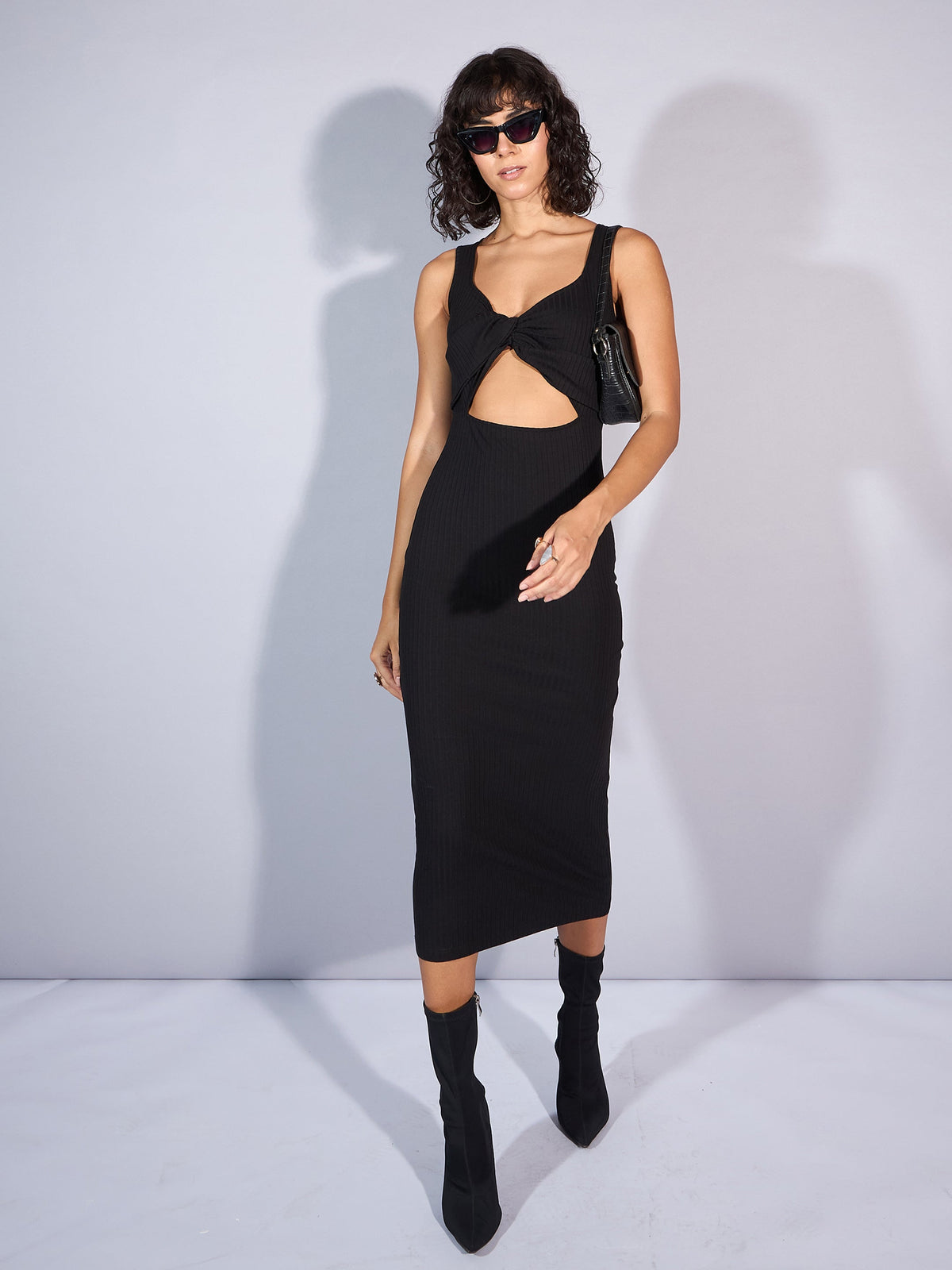 Black Rib Front Twist Cut-Out Midi Dress-SASSAFRAS