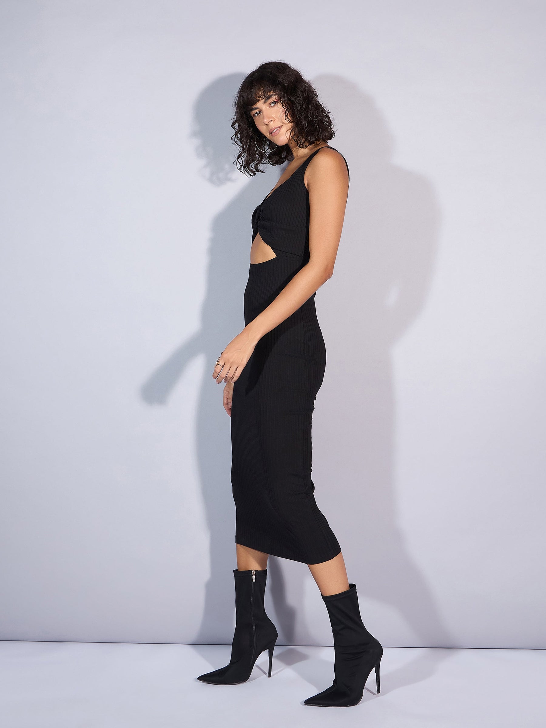 Black Rib Front Twist Cut-Out Midi Dress-SASSAFRAS