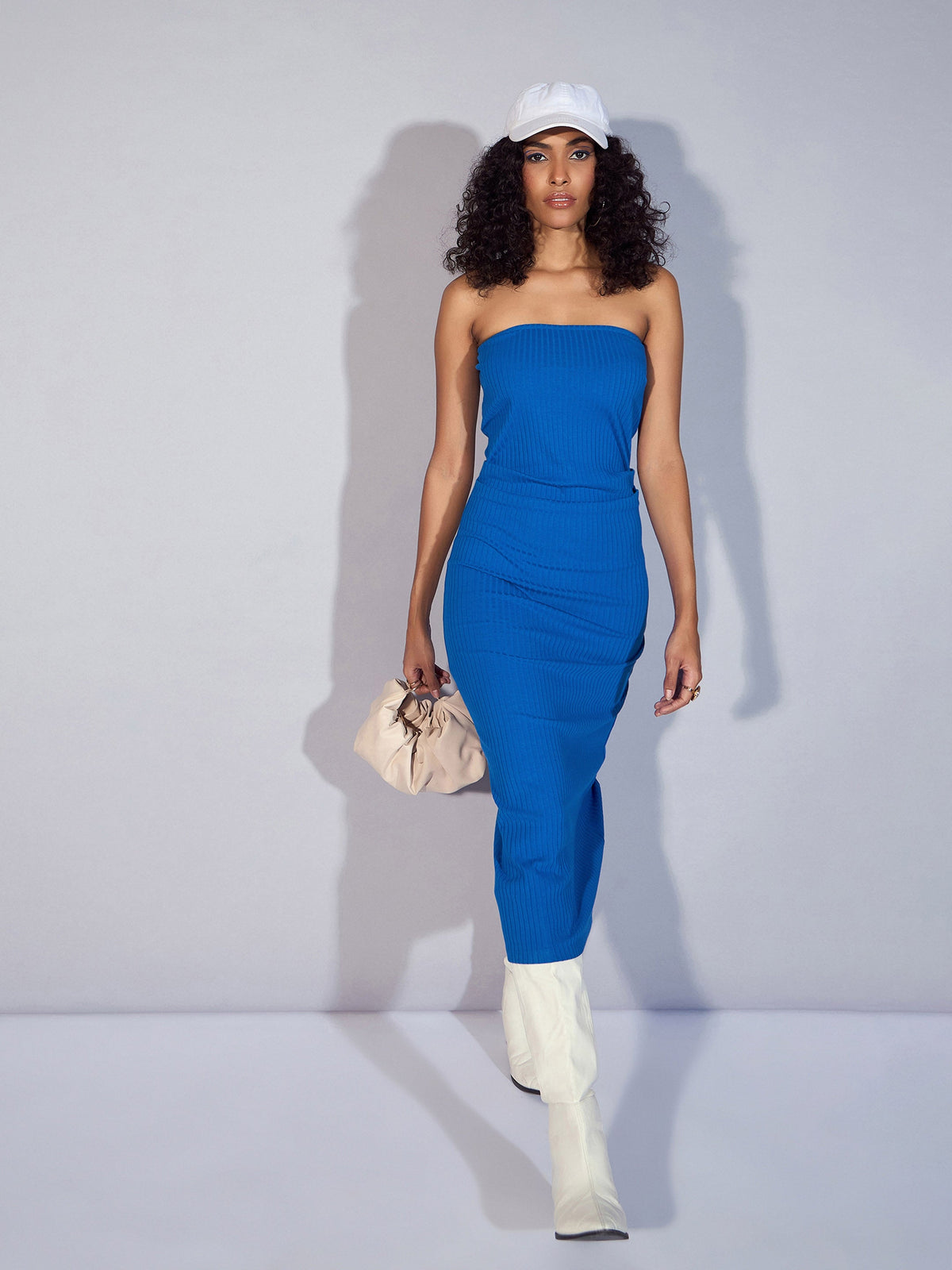 Royal Blue Rib Tube Midi Dress-SASSAFRAS