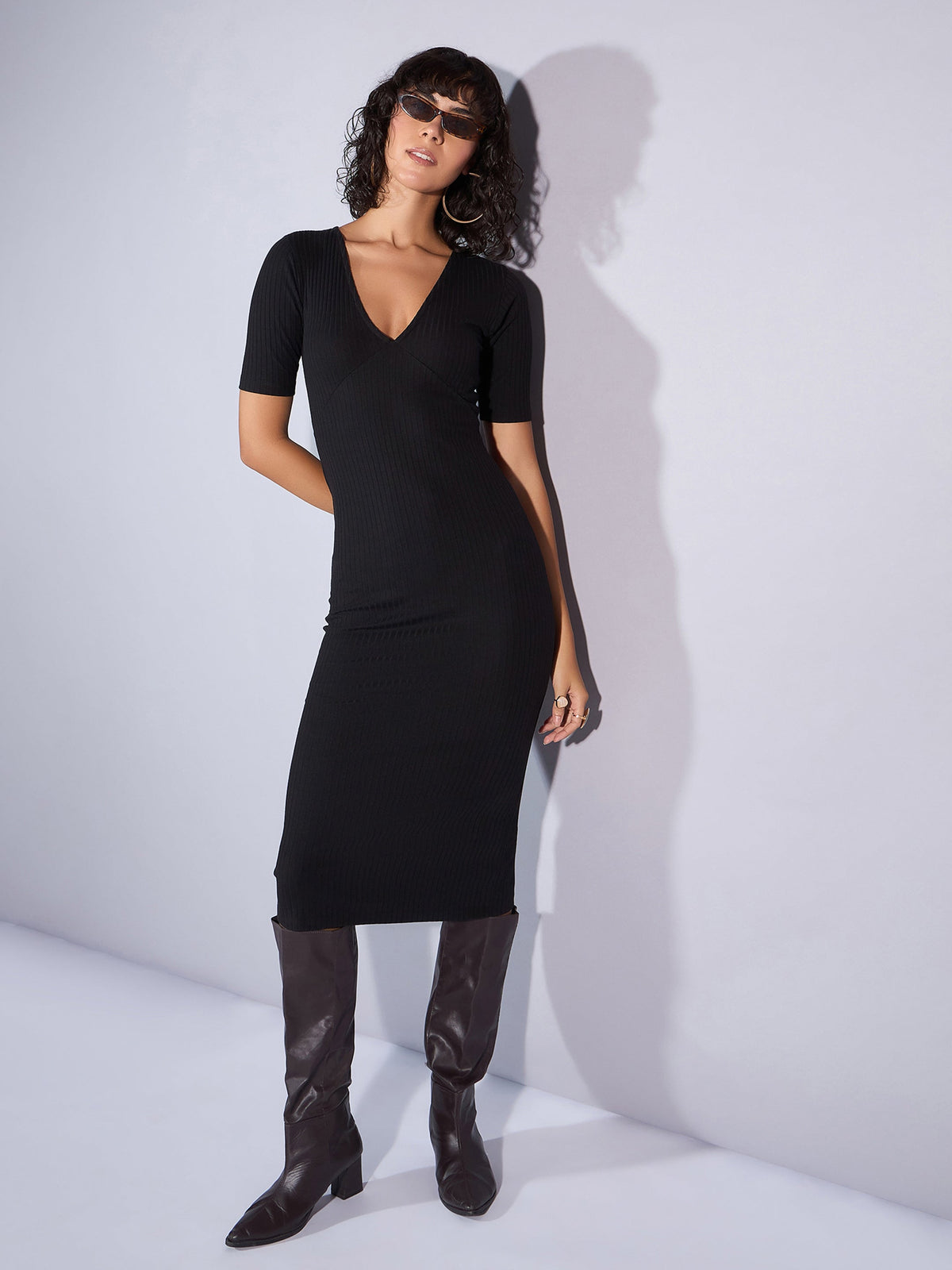 Black Rib V Neck Midi Dress-SASSAFRAS