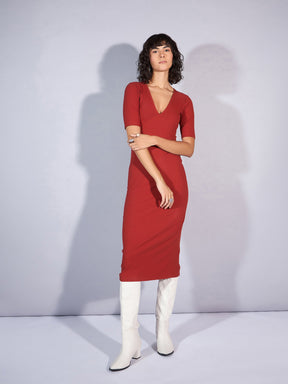 Rust Rib V Neck Midi Dress-SASSAFRAS