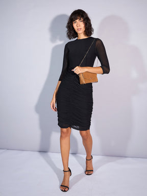 Black Mesh Ruched Midi Dress-SASSAFRAS