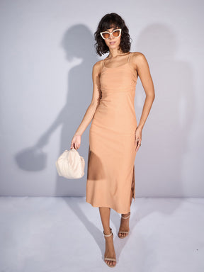 Beige Mesh Strappy Midi Dress-SASSAFRAS