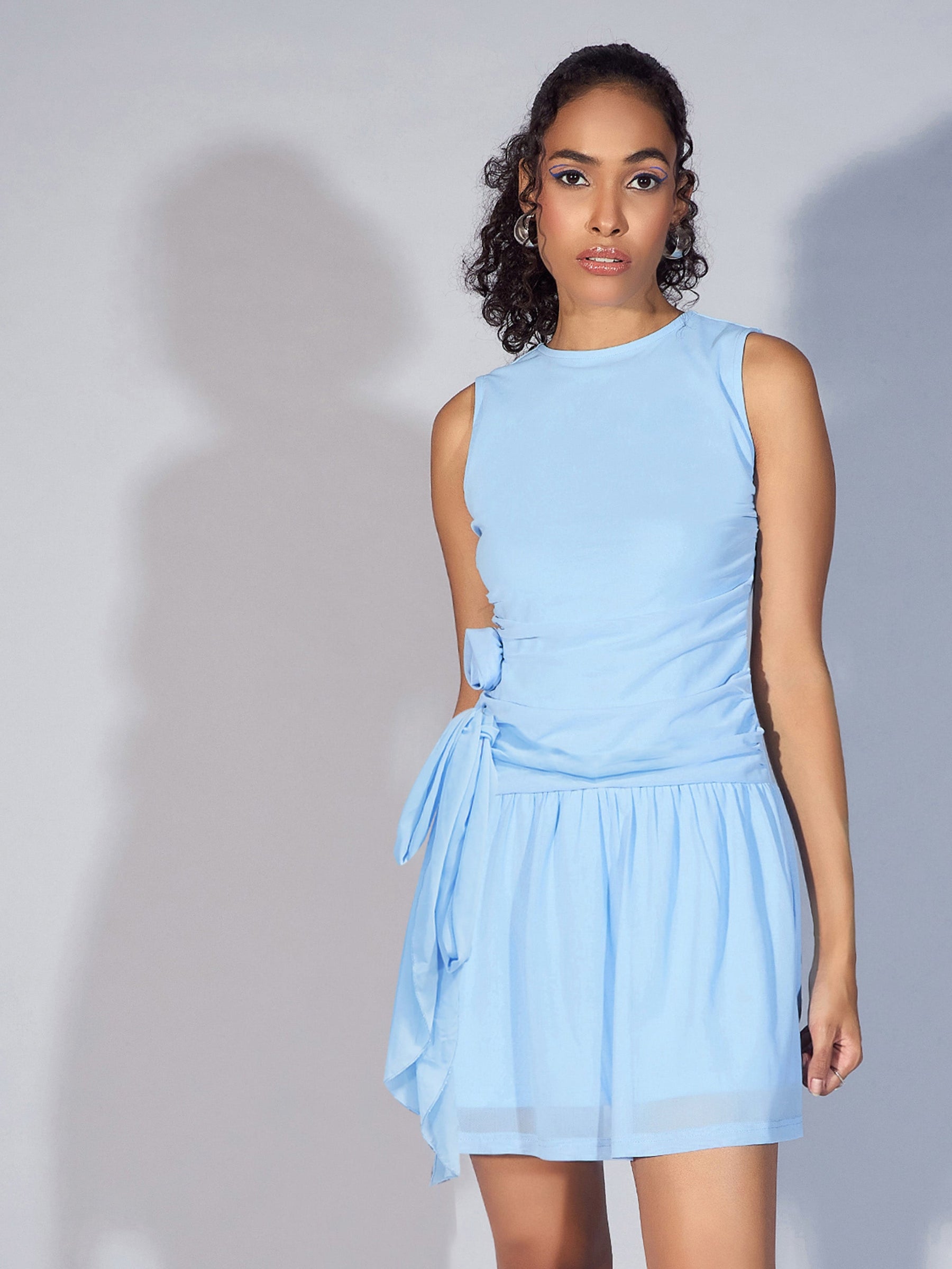 Blue Mesh Tiered Short Dress-SASSAFRAS