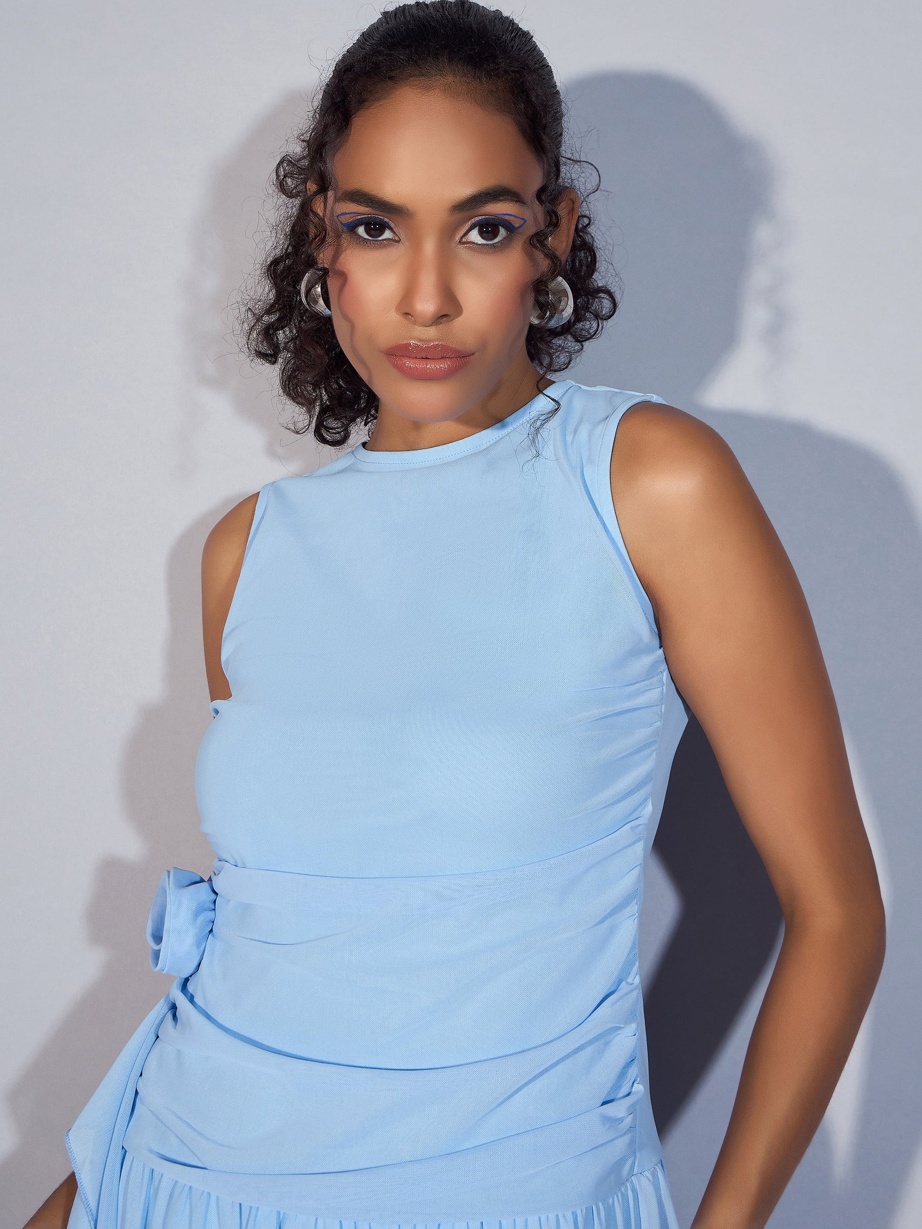 Blue Mesh Tiered Short Dress-SASSAFRAS