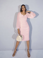 Pink Mesh Full Sleeve Ruched Midi Dress-SASSAFRAS