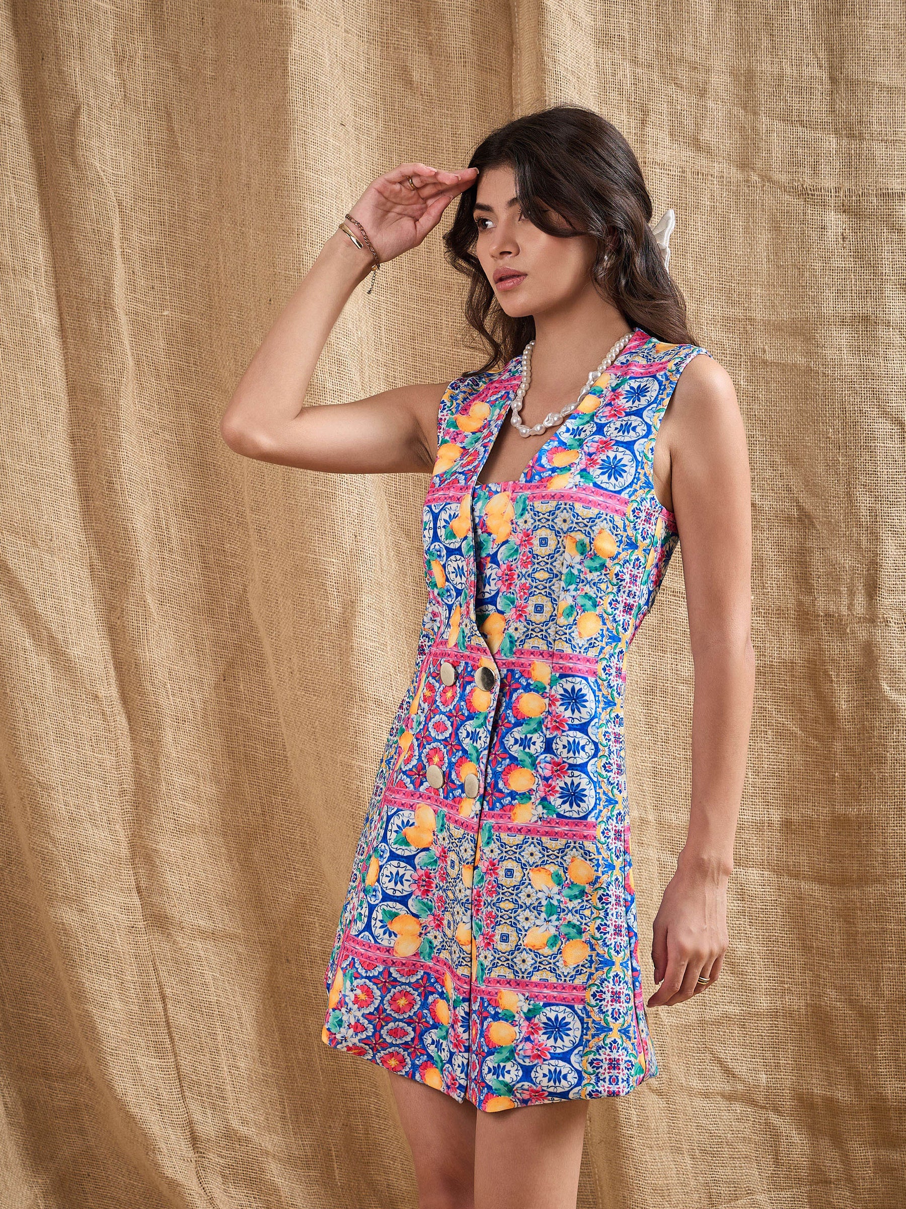 Blue Printed DoubleBreast Sleeveless Blazer Dress-SASSAFRAS