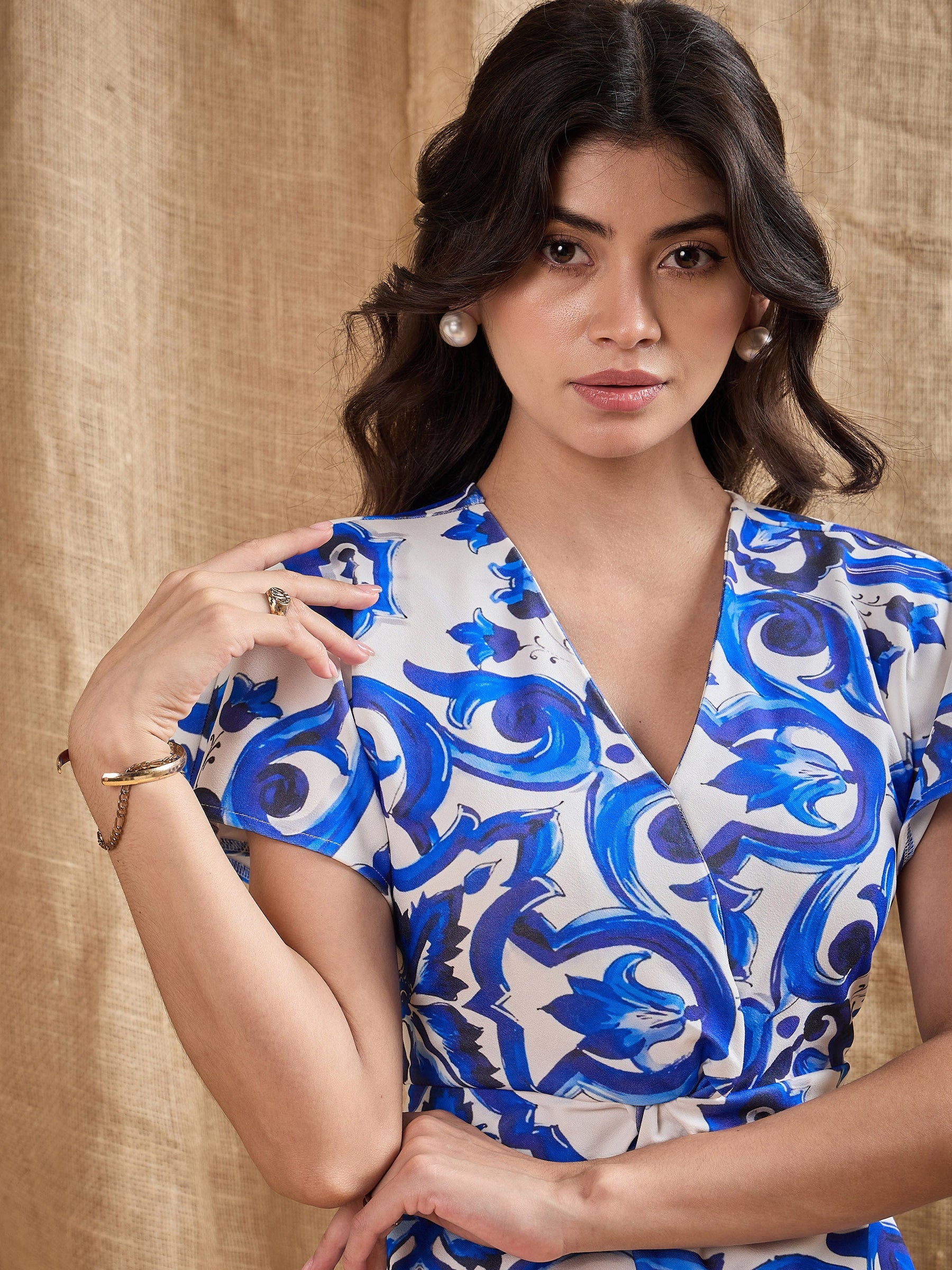 Blue Printed V-Neck Bodycon Dress-SASSAFRAS