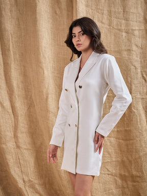 White Full Sleeves Double Breasted Blazer Dress-SASSAFRAS