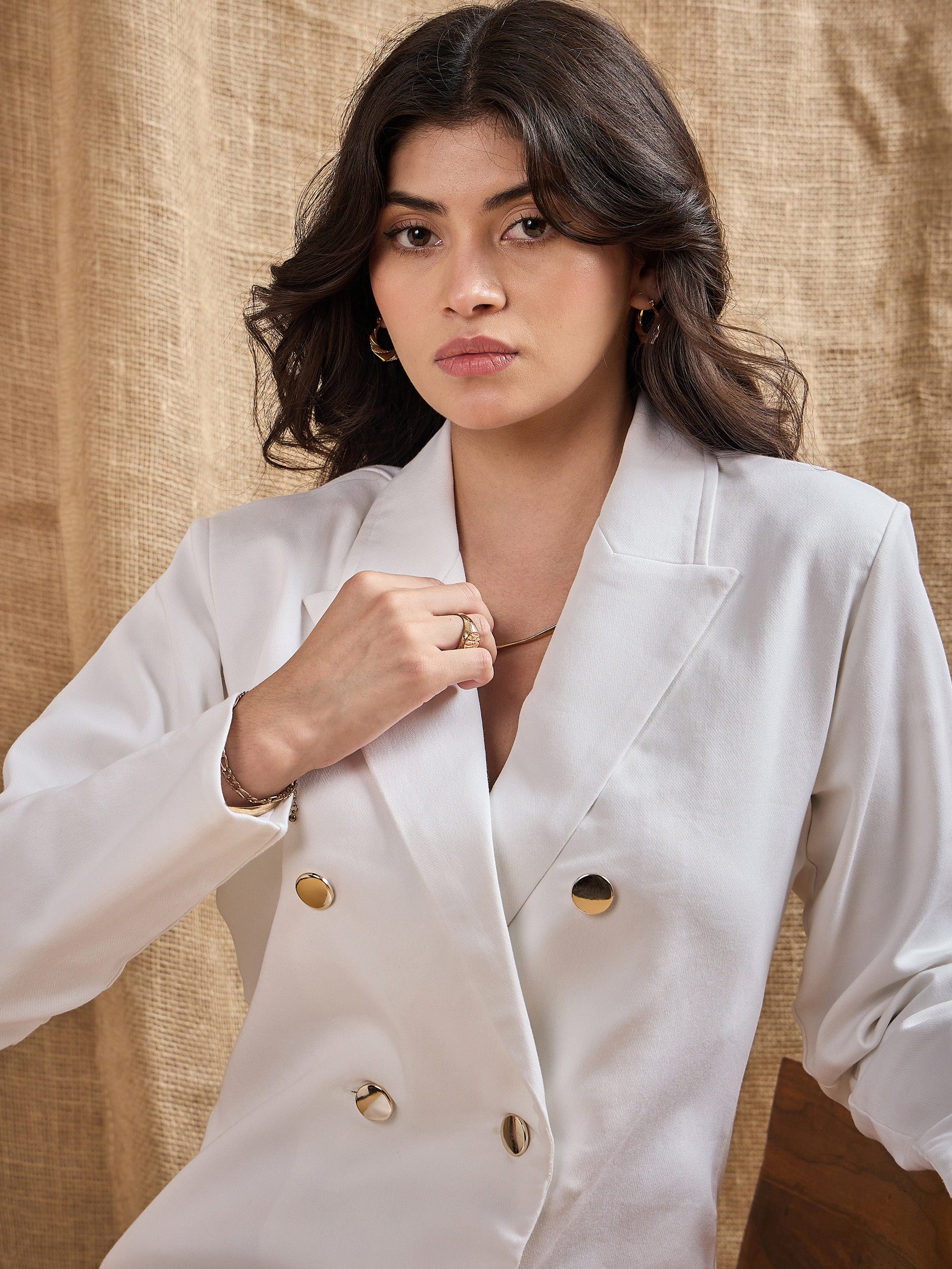 White Full Sleeves Double Breasted Blazer Dress-SASSAFRAS