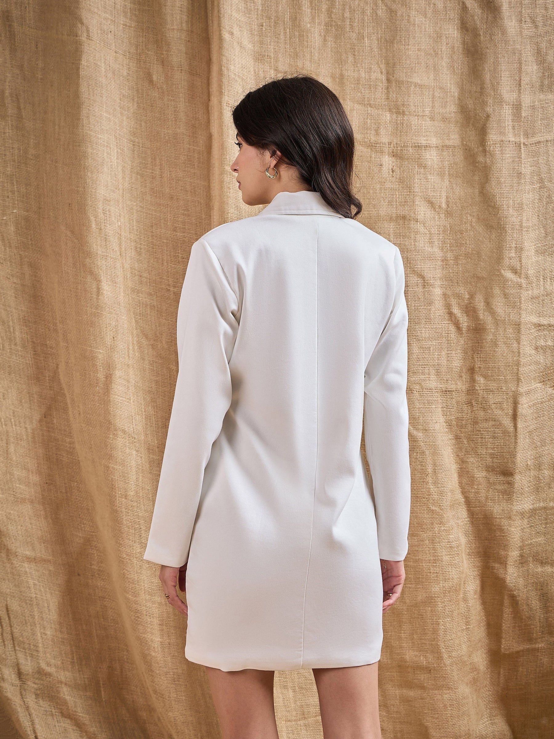 White Full Sleeves Double Breasted Blazer Dress-SASSAFRAS