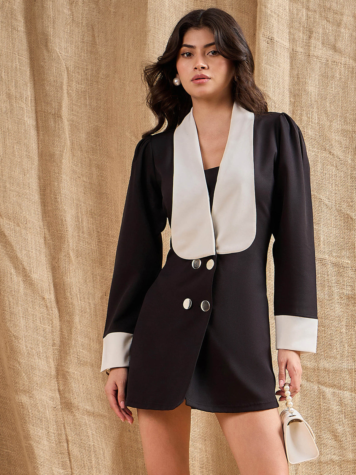 Black Contrast Collar Blazer Dress-SASSAFRAS