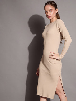 Beige Ribbed Side Slit Bodycon Dress-SASSAFRAS BASICS