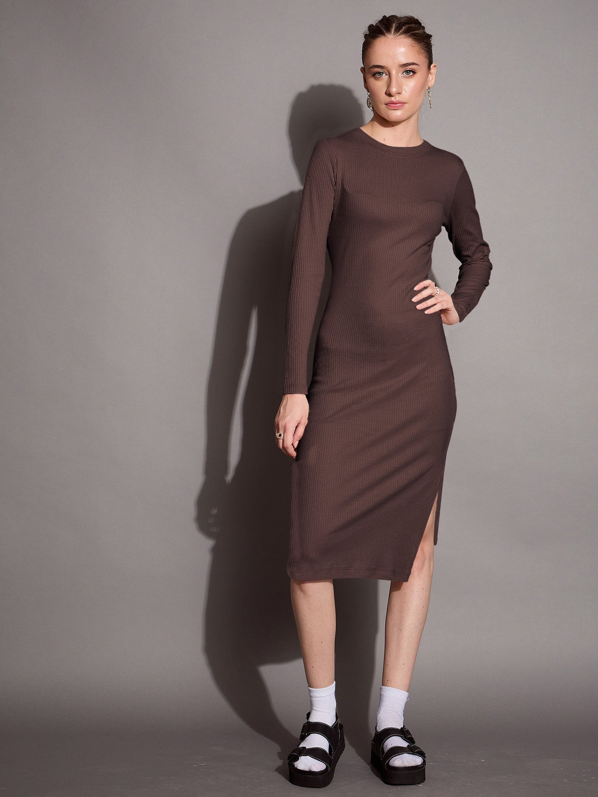 Brown Ribbed Side Slit Bodycon Dress-SASSAFRAS BASICS