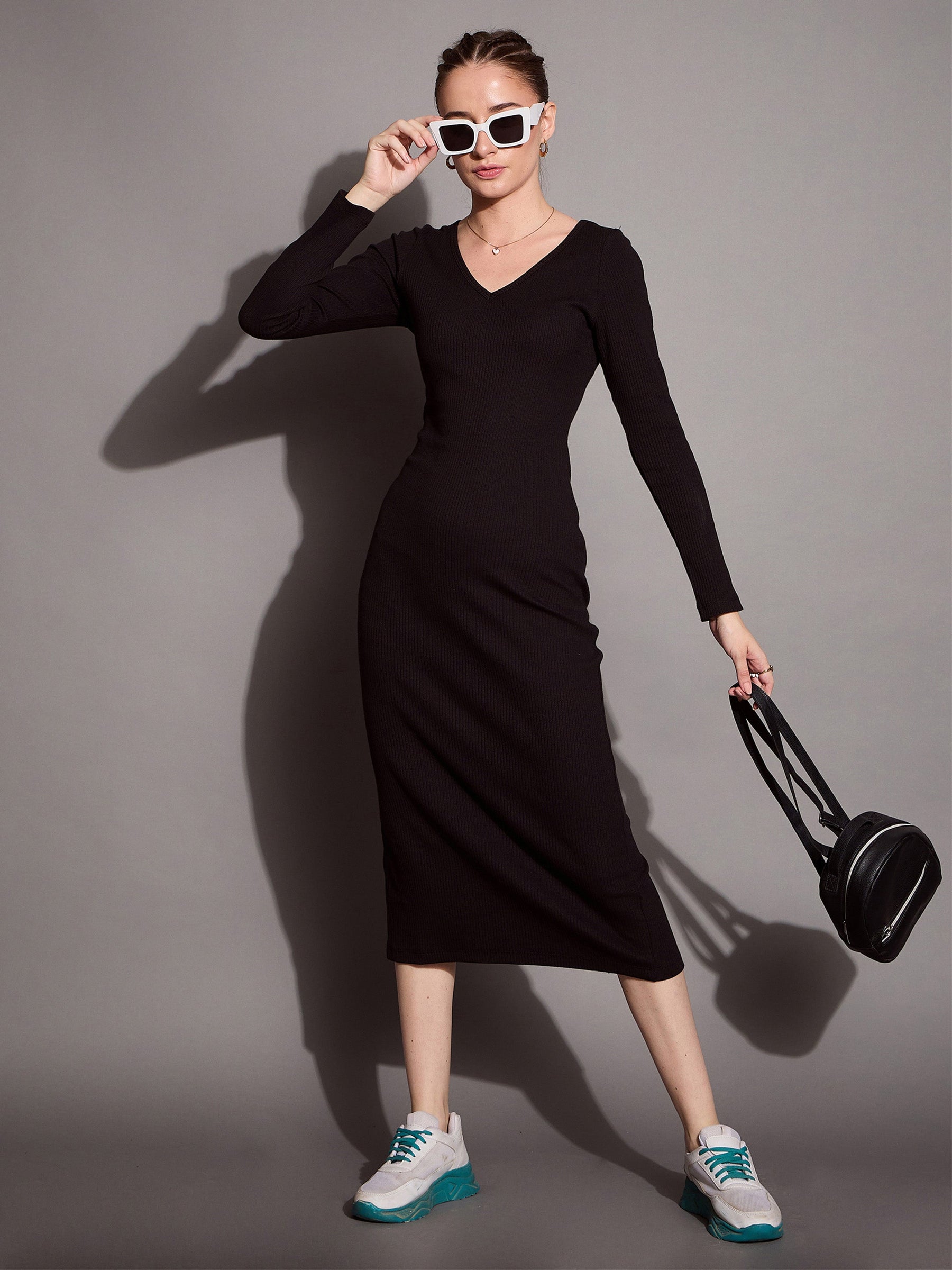 Buy Women Black Ribbed V-Neck Full Sleeves Bodycon Dress Online at Best Price - Sassafras Buy Women Black Ribbed V-Neck Full Sleeves Bodycon Dress Online at Best Price - Sassafras