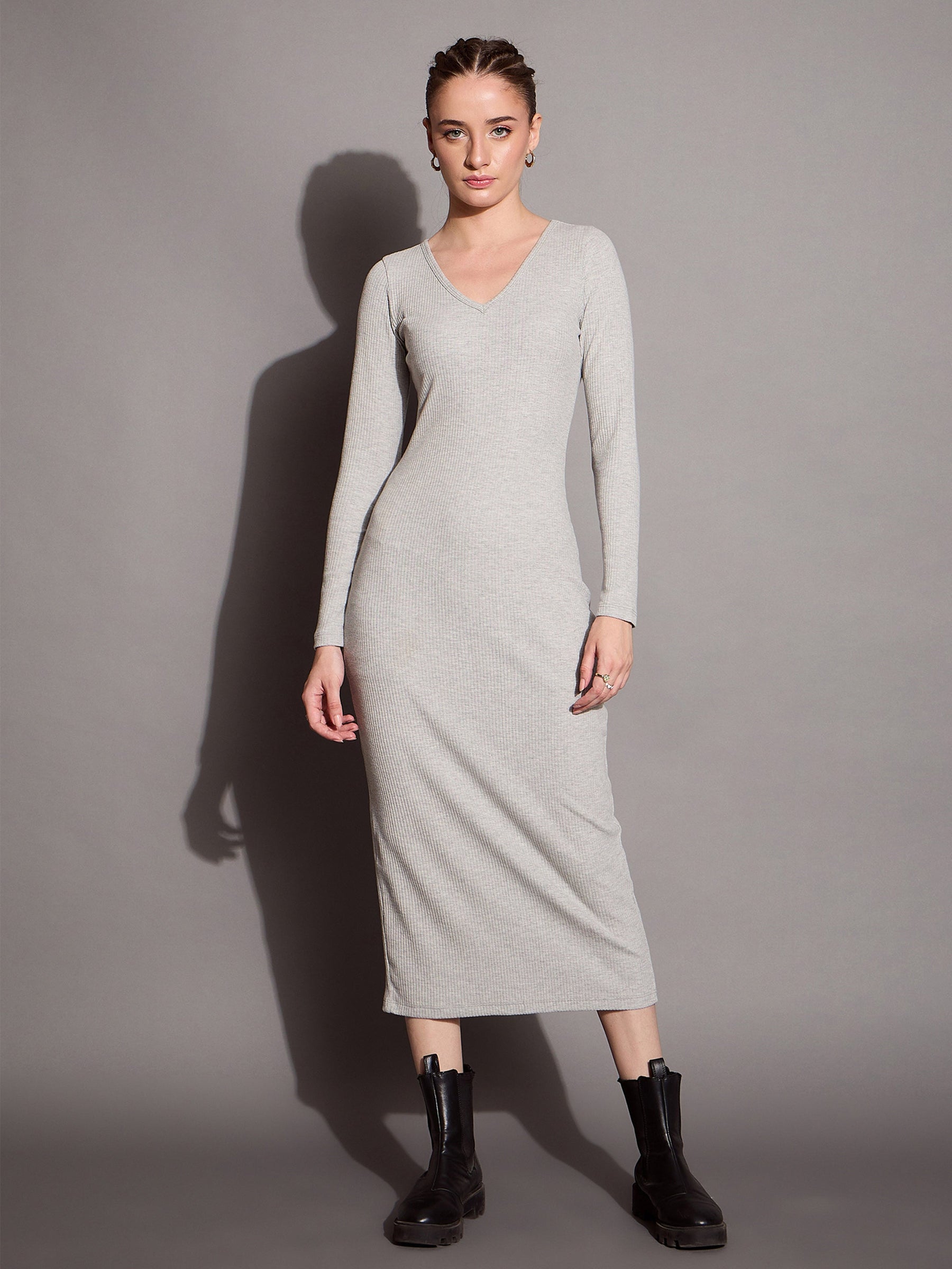 Grey Melange Ribbed V-Neck Full Sleeves Bodycon Dress -SASSAFRAS BASICS