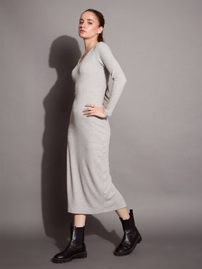 Grey Melange Ribbed V-Neck Full Sleeves Bodycon Dress -SASSAFRAS BASICS