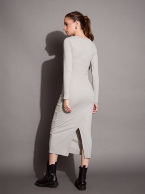 Grey Melange Ribbed V-Neck Full Sleeves Bodycon Dress -SASSAFRAS BASICS