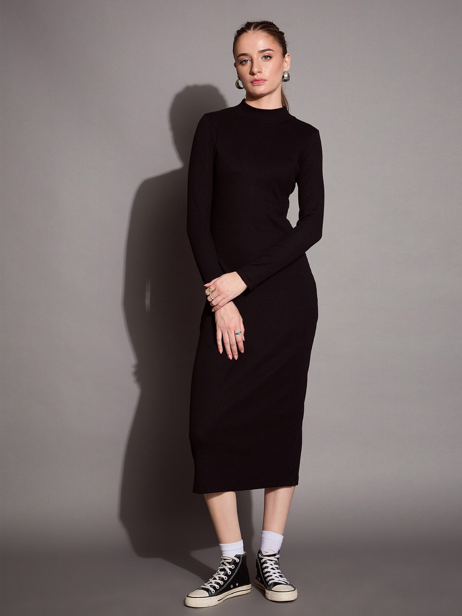 Black Ribbed Back Slit Full Sleeves Bodycon Dress-SASSAFRAS BASICS