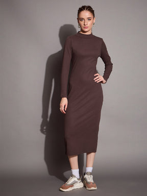 Brown Ribbed Back Slit Full Sleeves Bodycon Dress-SASSAFRAS BASICS