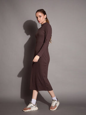 Brown Ribbed Back Slit Full Sleeves Bodycon Dress-SASSAFRAS BASICS