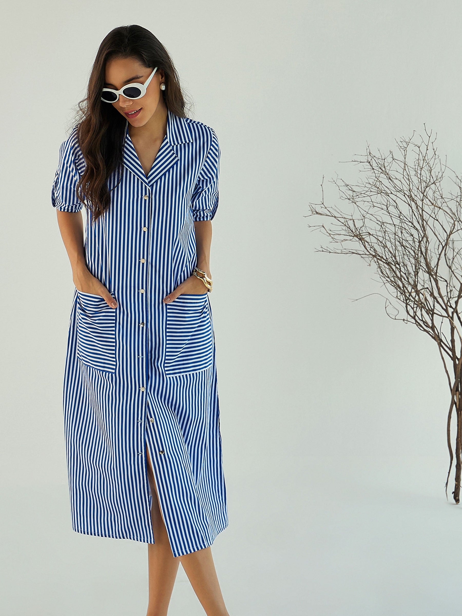Buy Women Blue & White Stripe Notch Collar Midi Dress Online at Best Price - Sassafras Buy Women Blue & White Stripe Notch Collar Midi Dress Online at Best Price - Sassafras