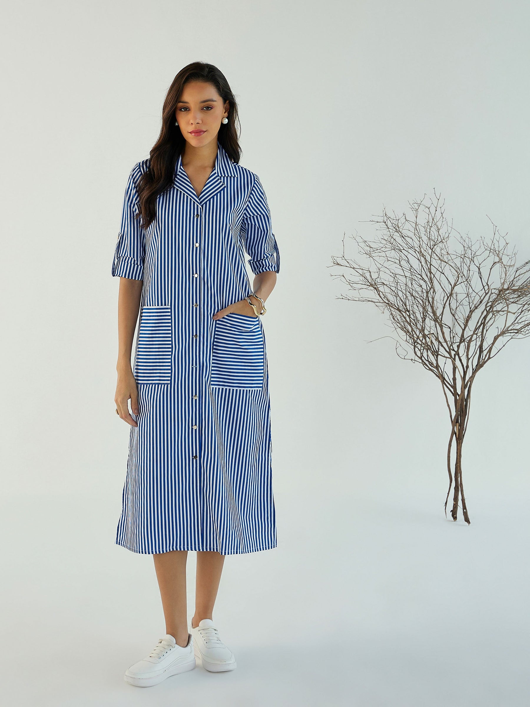 Blue & White Stripe Notch Collar Midi Dress-Pink Paprika By SASSAFRAS