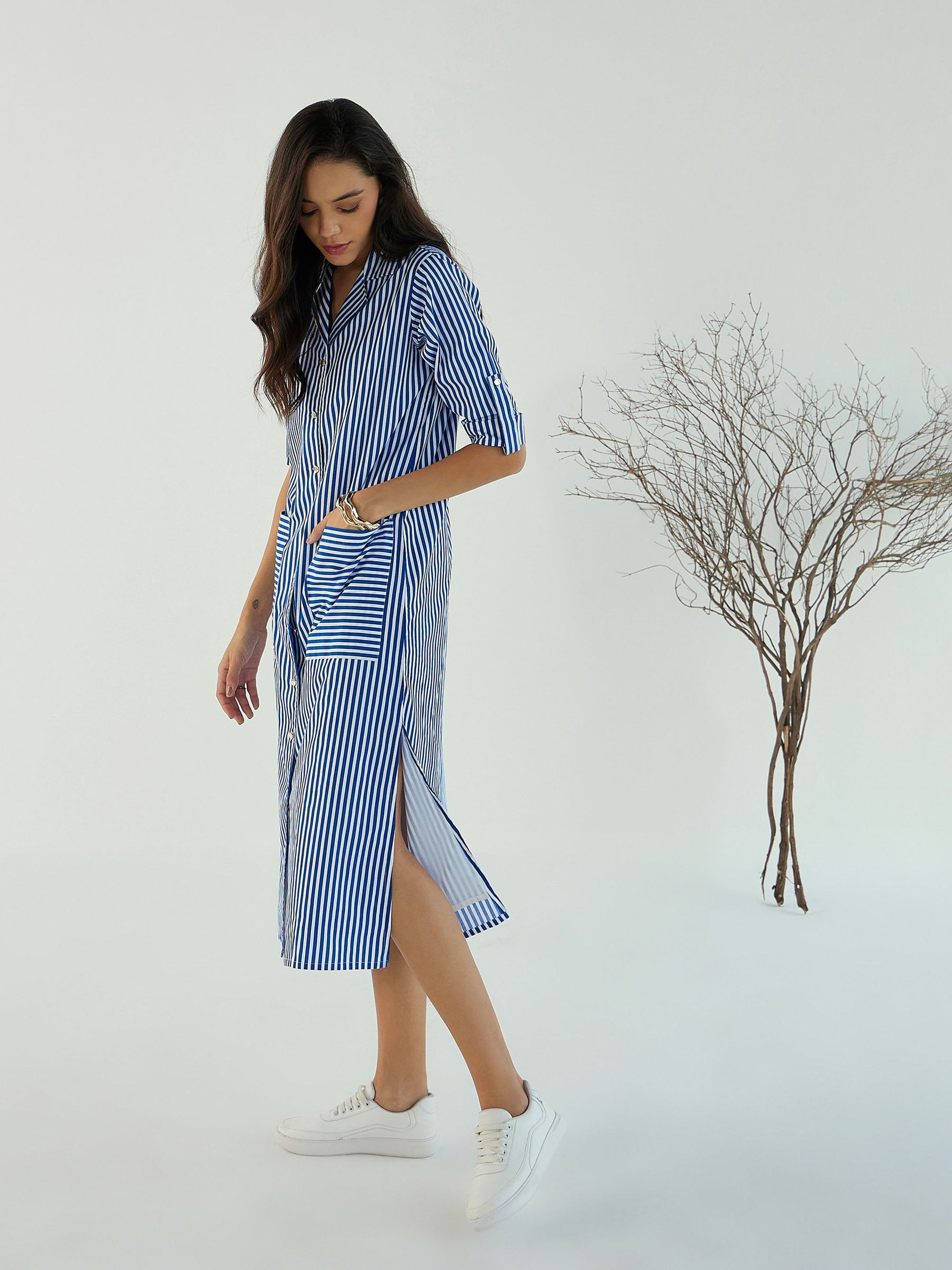 Blue & White Stripe Notch Collar Midi Dress-Pink Paprika By SASSAFRAS