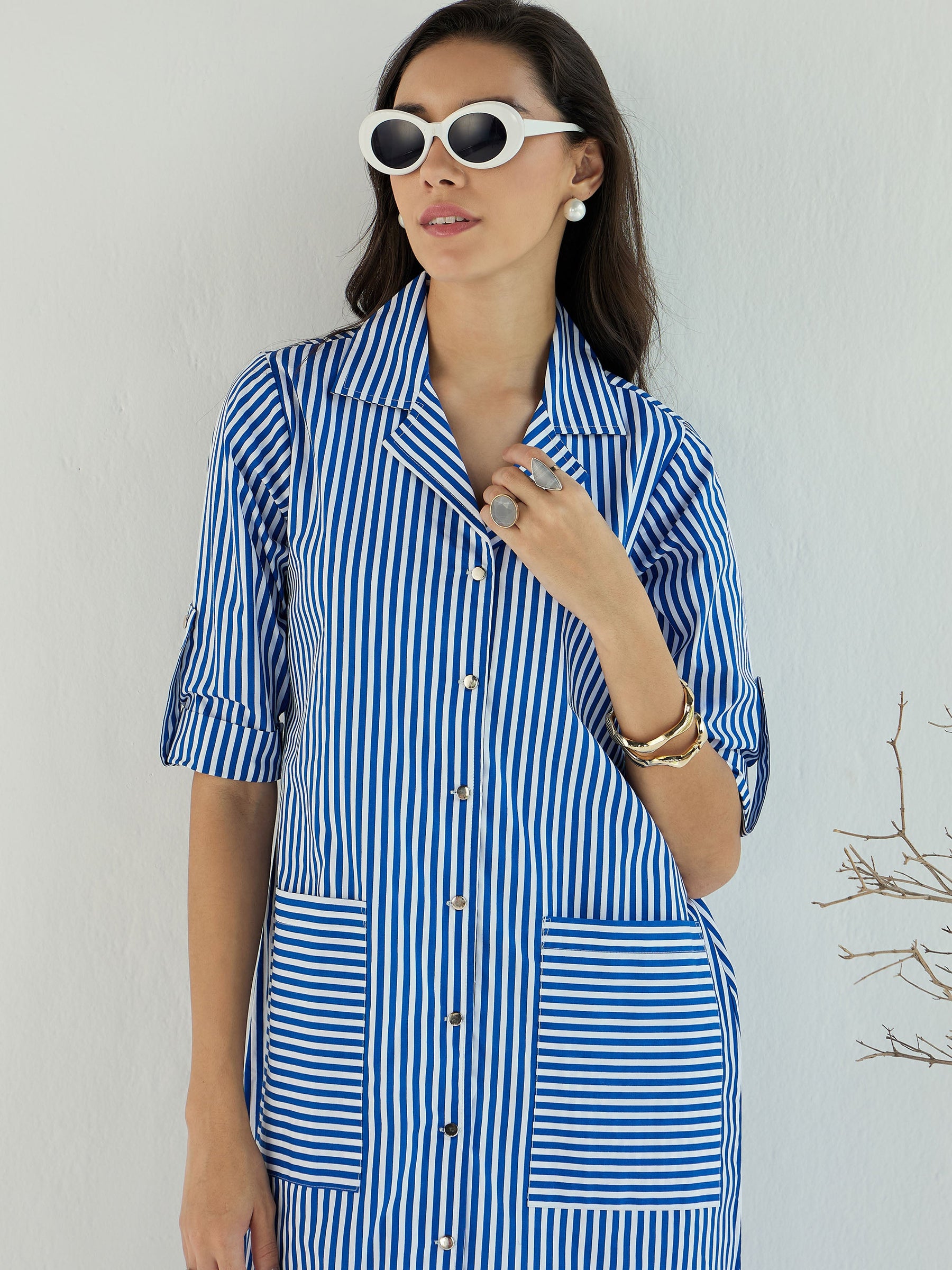 Blue & White Stripe Notch Collar Midi Dress-Pink Paprika By SASSAFRAS