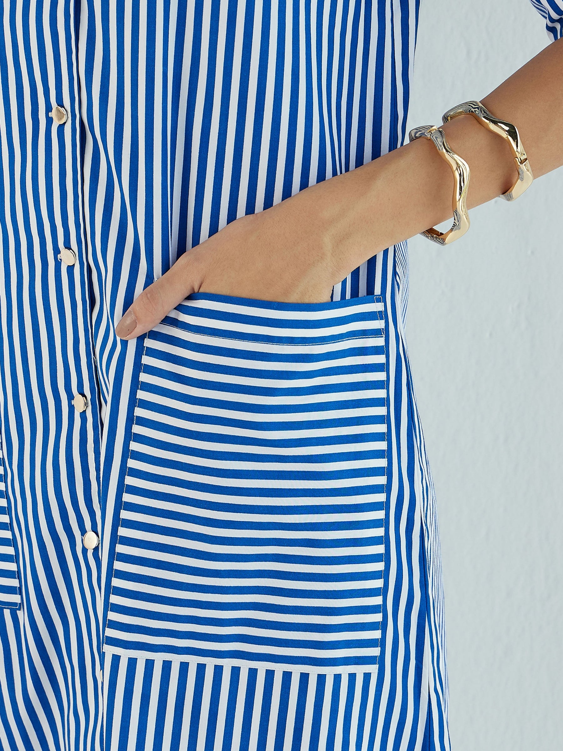 Blue & White Stripe Notch Collar Midi Dress-Pink Paprika By SASSAFRAS