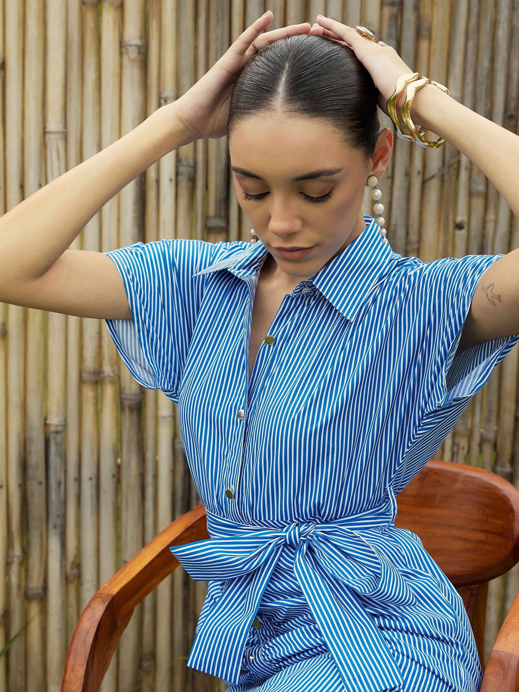 Blue & White Stripe Front Ruched Midi Dress-Pink Paprika By SASSAFRAS