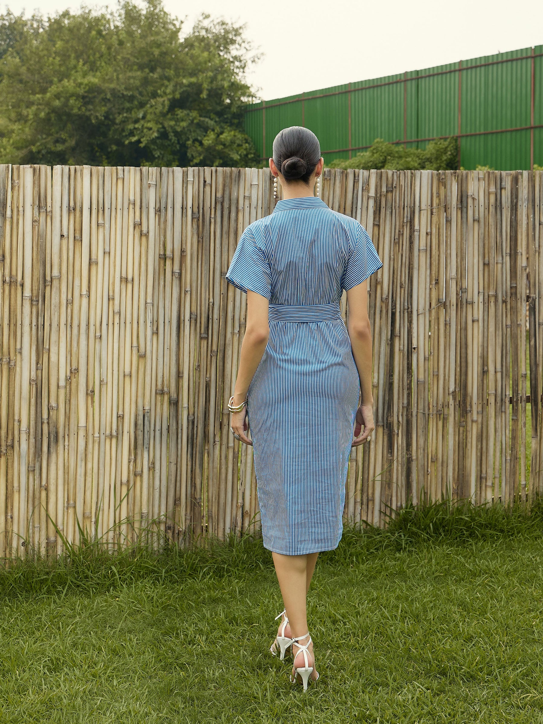 Blue & White Stripe Front Ruched Midi Dress-Pink Paprika By SASSAFRAS