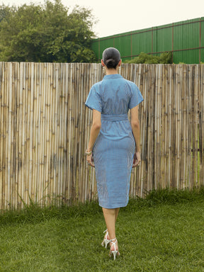 Blue & White Stripe Front Ruched Midi Dress-Pink Paprika By SASSAFRAS