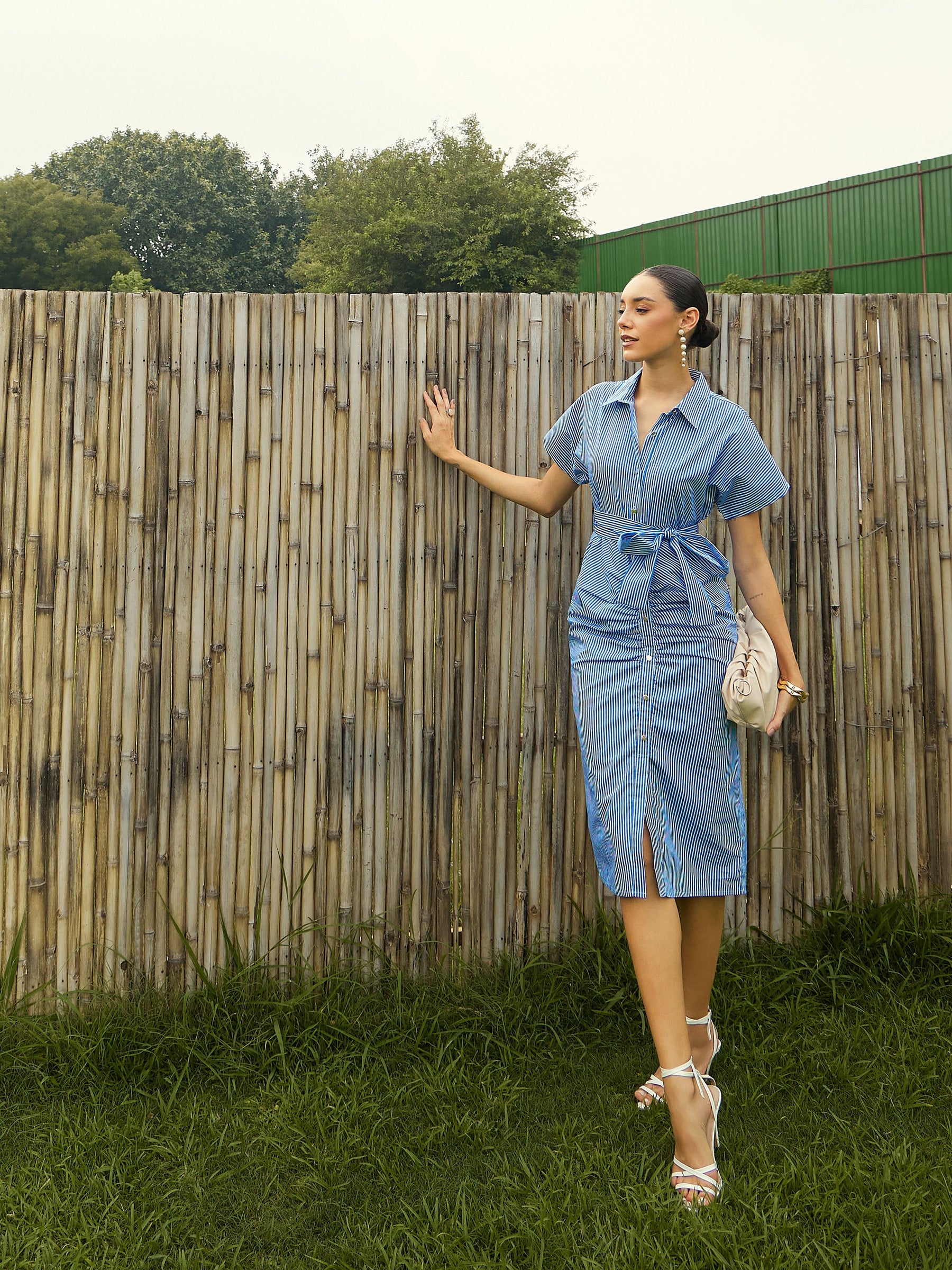 Blue & White Stripe Front Ruched Midi Dress-Pink Paprika By SASSAFRAS