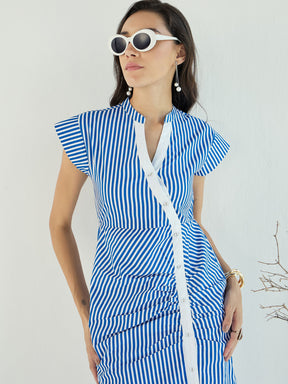 Blue & White Stripe Contrast Stripe  Midi Dress-Pink Paprika By SASSAFRAS