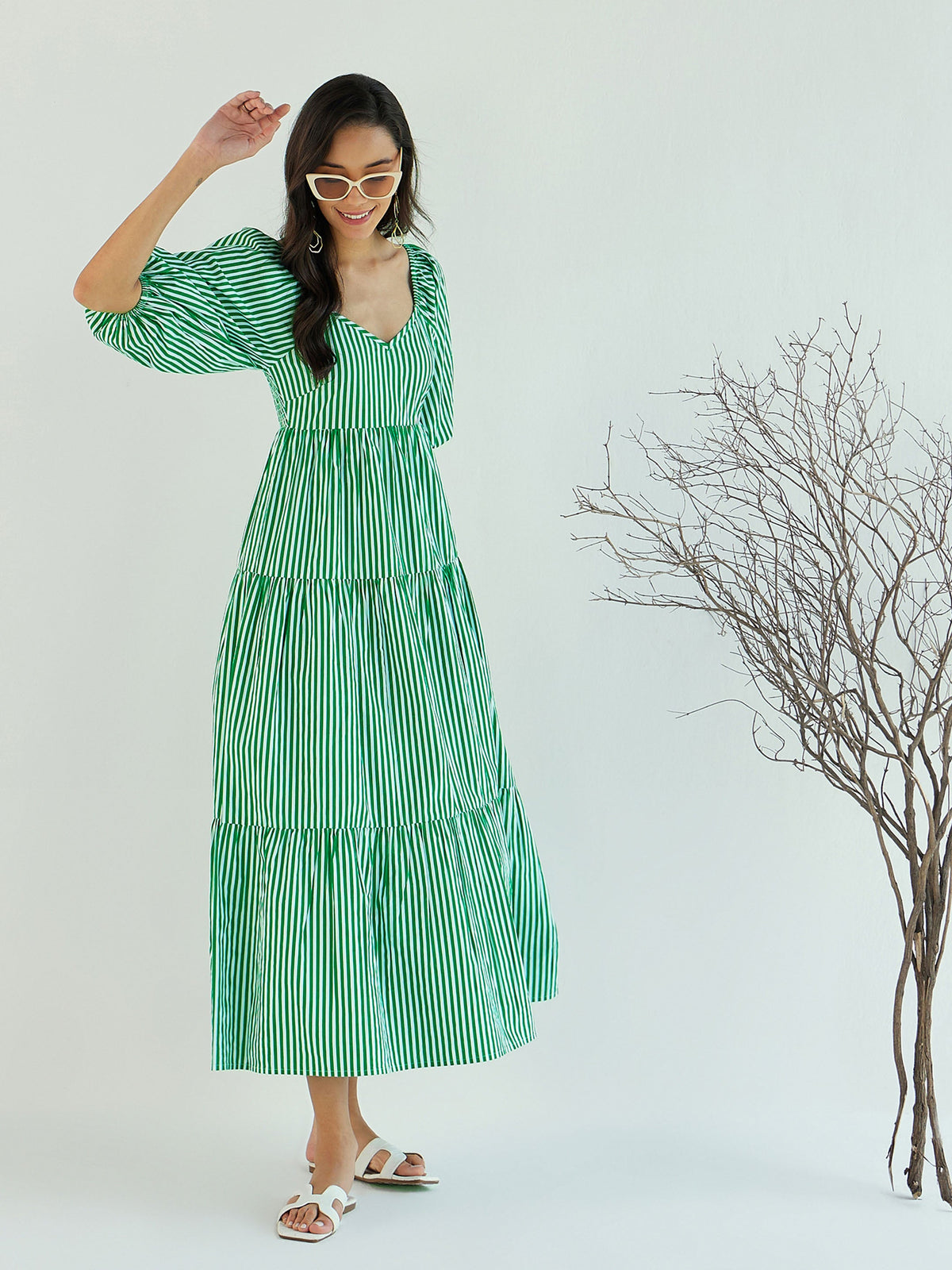 Green & White Stripe V-Neck Tiered Dress-Pink Paprika By SASSAFRAS