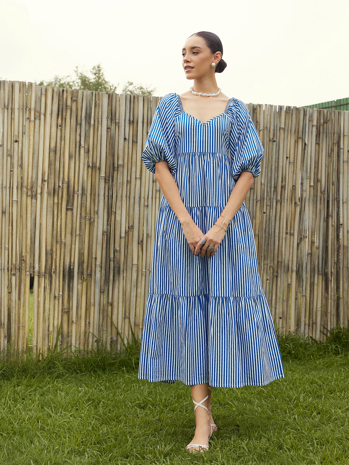 Blue & White Stripe V-Neck Tiered Dress-Pink Paprika By SASSAFRAS