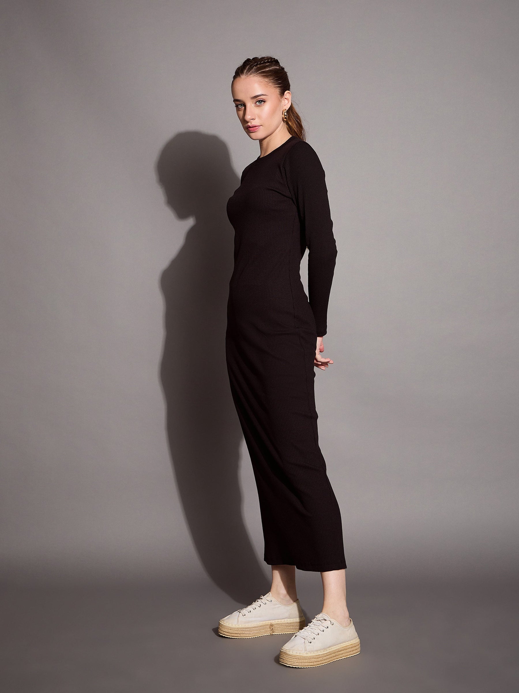 Black Ribbed Bodycon Maxi Dress-SASSAFRAS BASICS