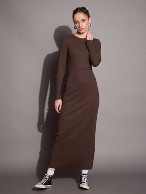 Brown Ribbed Bodycon Maxi Dress-SASSAFRAS BASICS