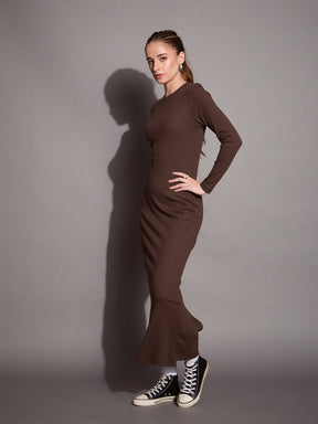 Brown Ribbed Bodycon Maxi Dress-SASSAFRAS BASICS