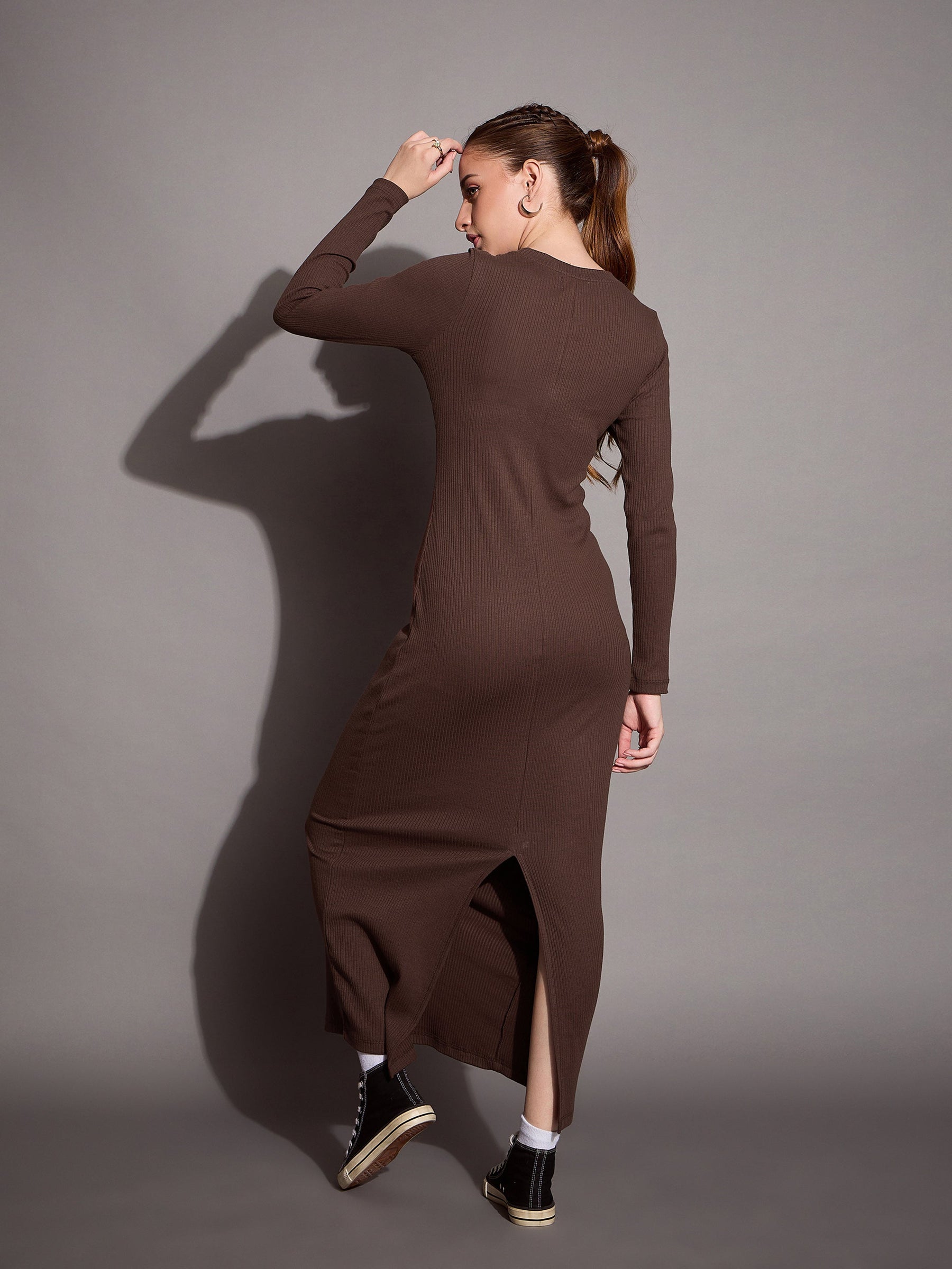 Brown Ribbed Bodycon Maxi Dress-SASSAFRAS BASICS