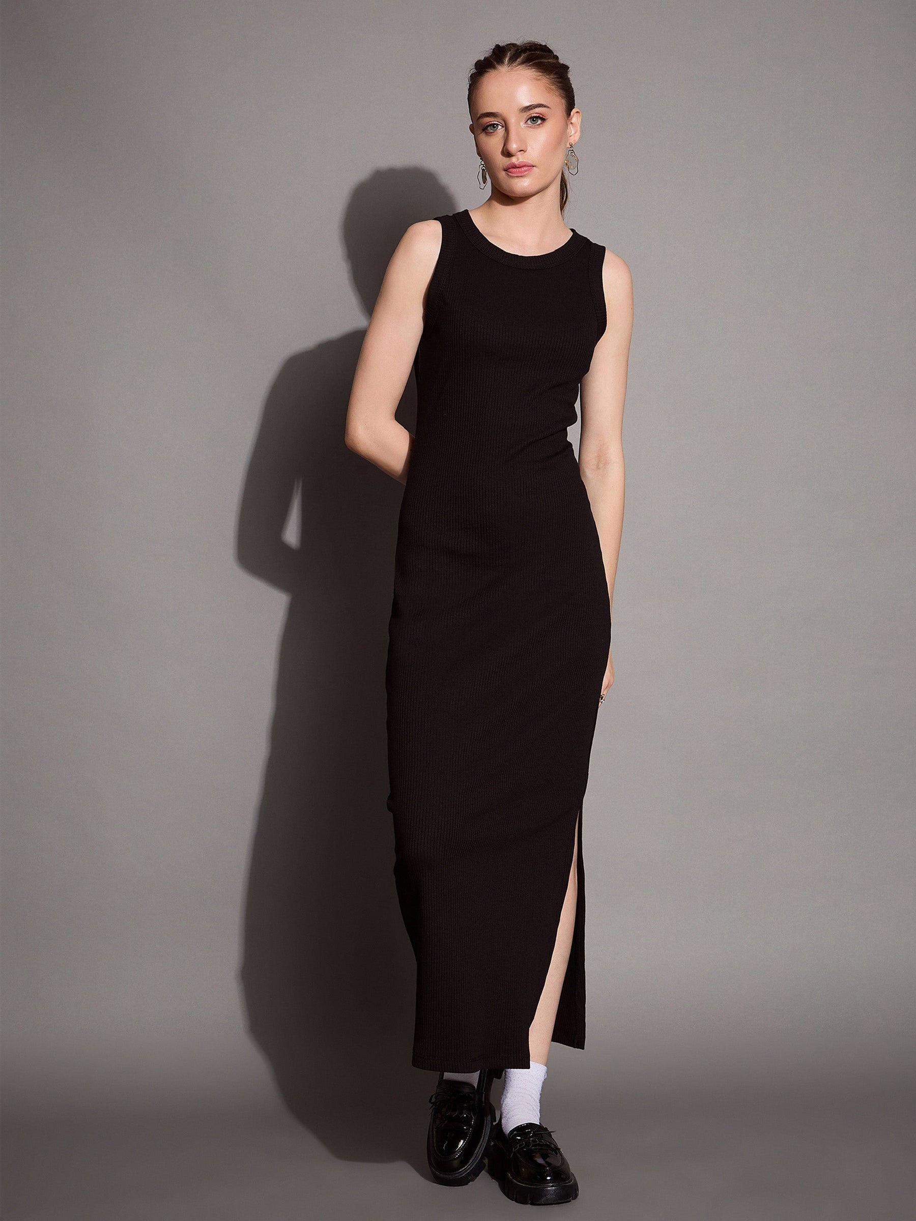 Black Ribbed Sleeveless Bodycon Maxi Dress-SASSAFRAS BASICS