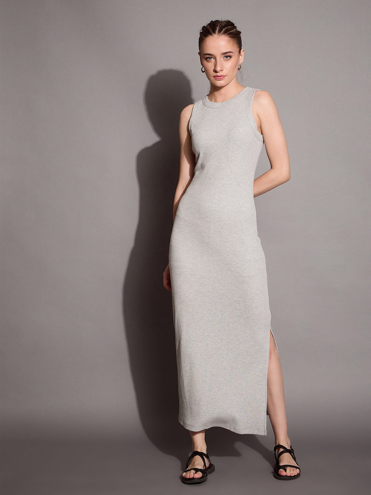 Grey Melange Ribbed Sleeveless Bodycon Maxi Dress-SASSAFRAS BASICS