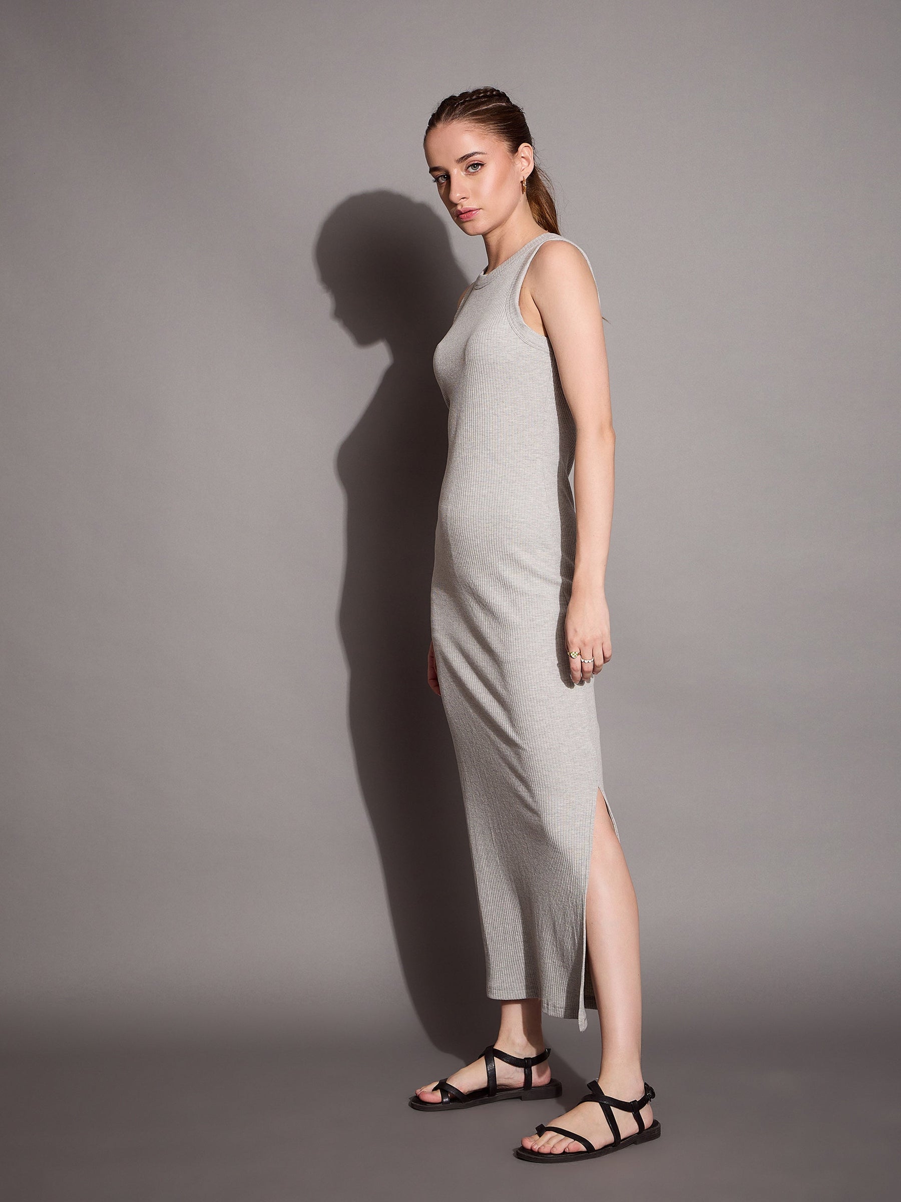 Grey Melange Ribbed Sleeveless Bodycon Maxi Dress-SASSAFRAS BASICS