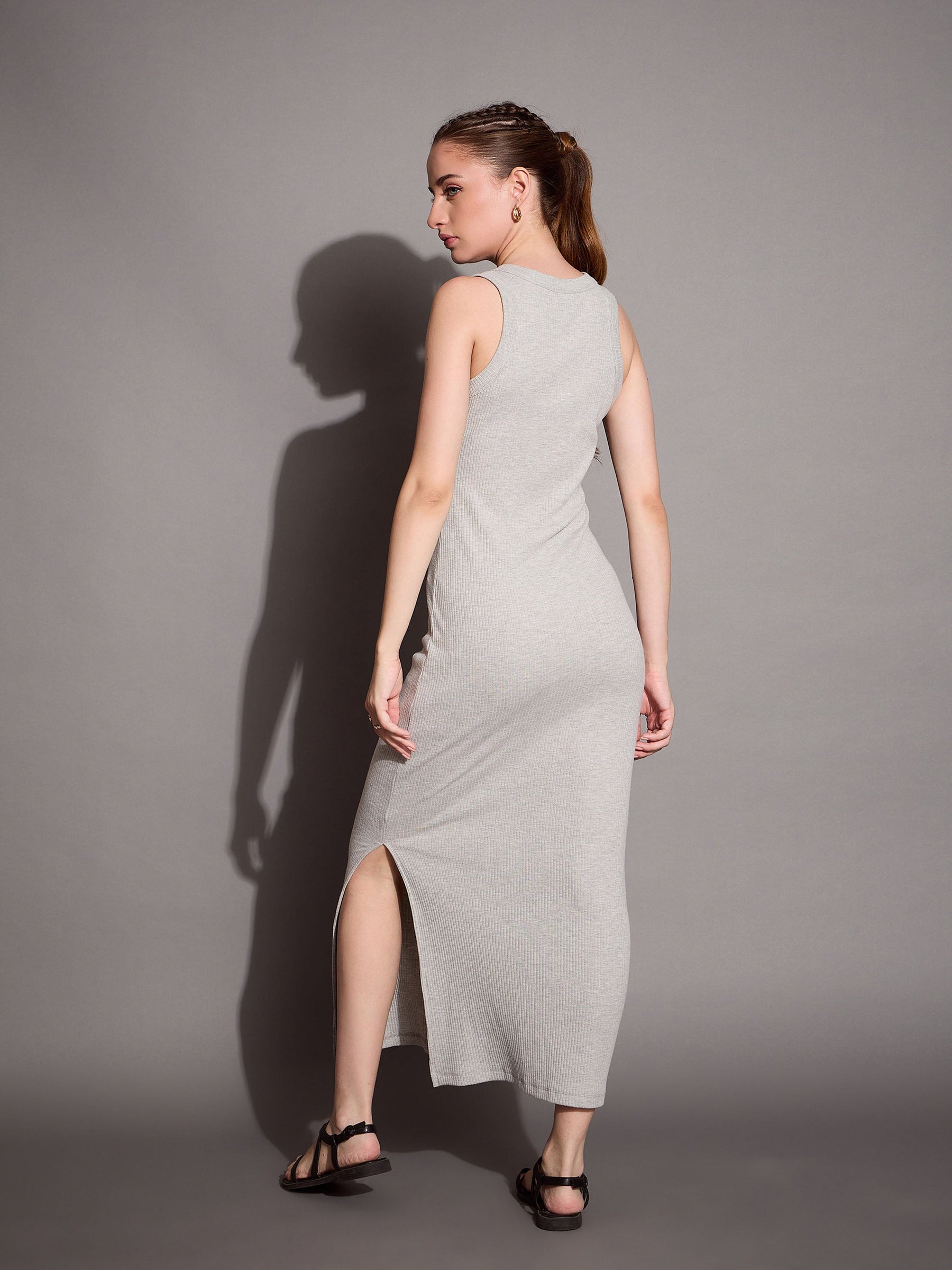 Women Grey Melange Ribbed Sleeveless Bodycon Maxi Dress