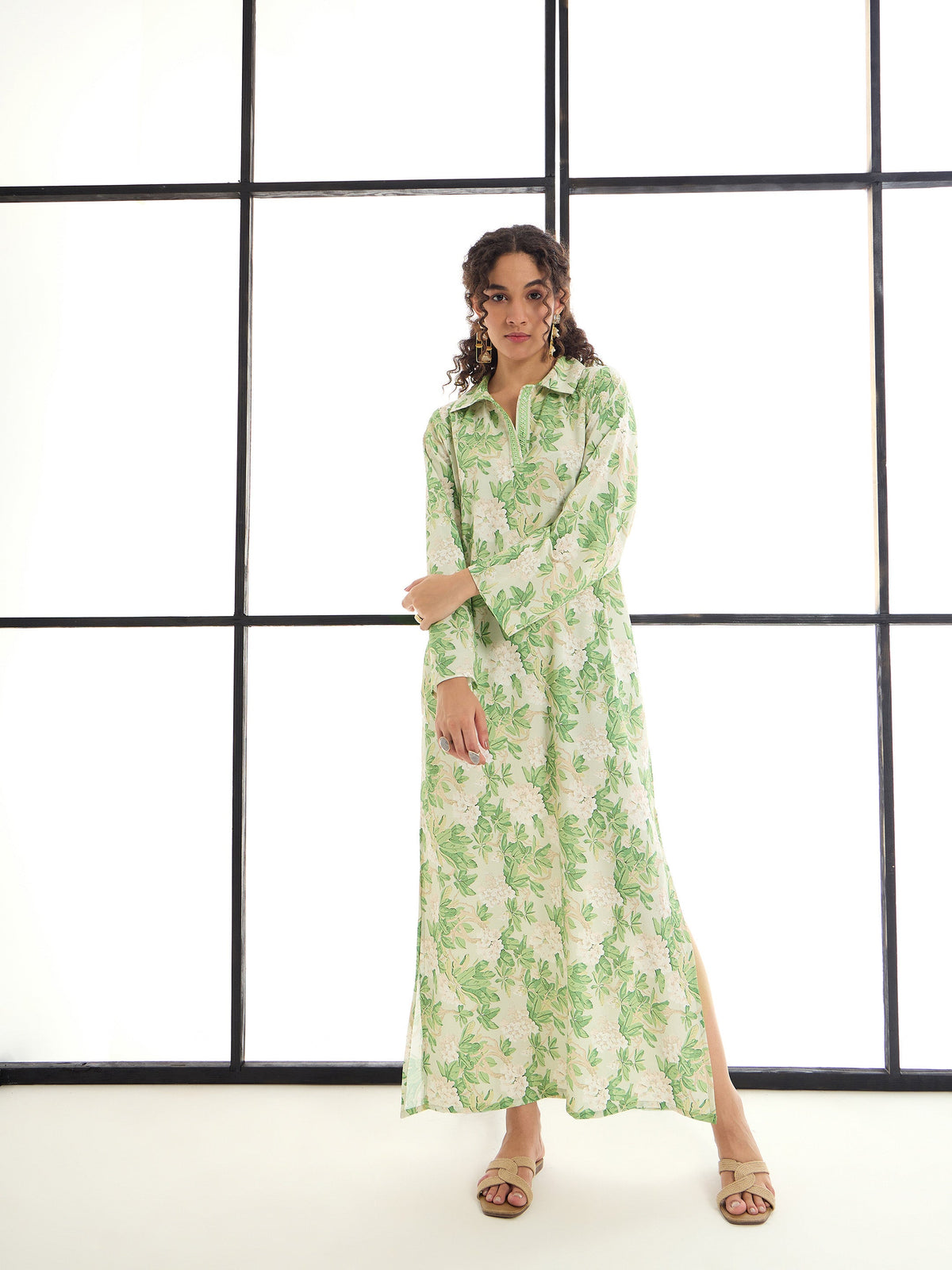 Green & Beige Floral Abaya Dress-SASSAFRAS alt-laze